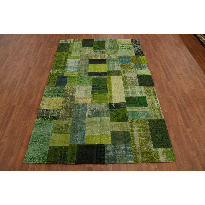 Green Wool Distressed Patchwork Area Rug 7x10