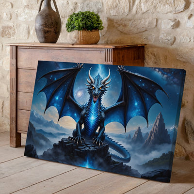 Canvas A Majestic Dragon With Shimmering Scales In Deep Shades Of Wall Art Blue And Black Stands Atop A Rocky Outcrop Its Wings Canvas Wall Art