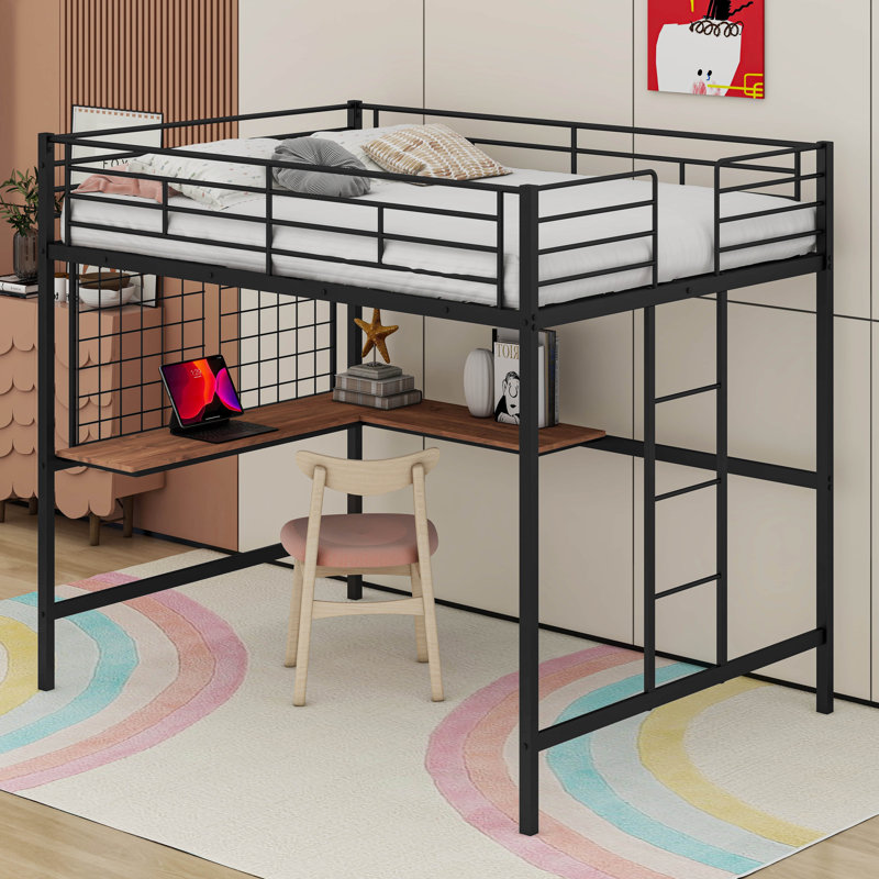 Battista Metal Loft Bed with Desk and Metal Grid, Black, Full
