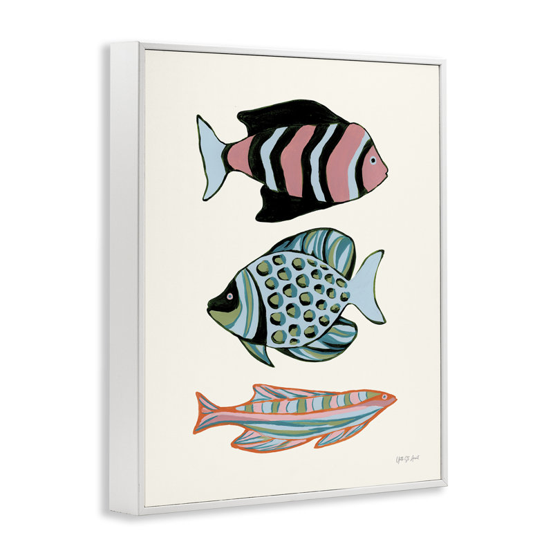 Trio de poissons tropicaux, estampe numérique par Yvette St. Amant, H 20 po x l 16 po, Giclée encadrée blanc bord de mer