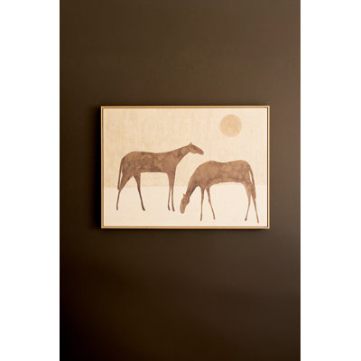  Wood Framed Canvas Painting Two Horses With Sun Decorative Wall Accent For Home Decor Natural Finish