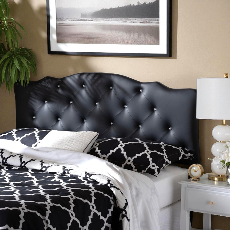 Myshawn Queen Headboard In Black Faux Leather With Crystal Tufting, 23.60'' H X 63'' W X 2.65'' D, Black, Queen