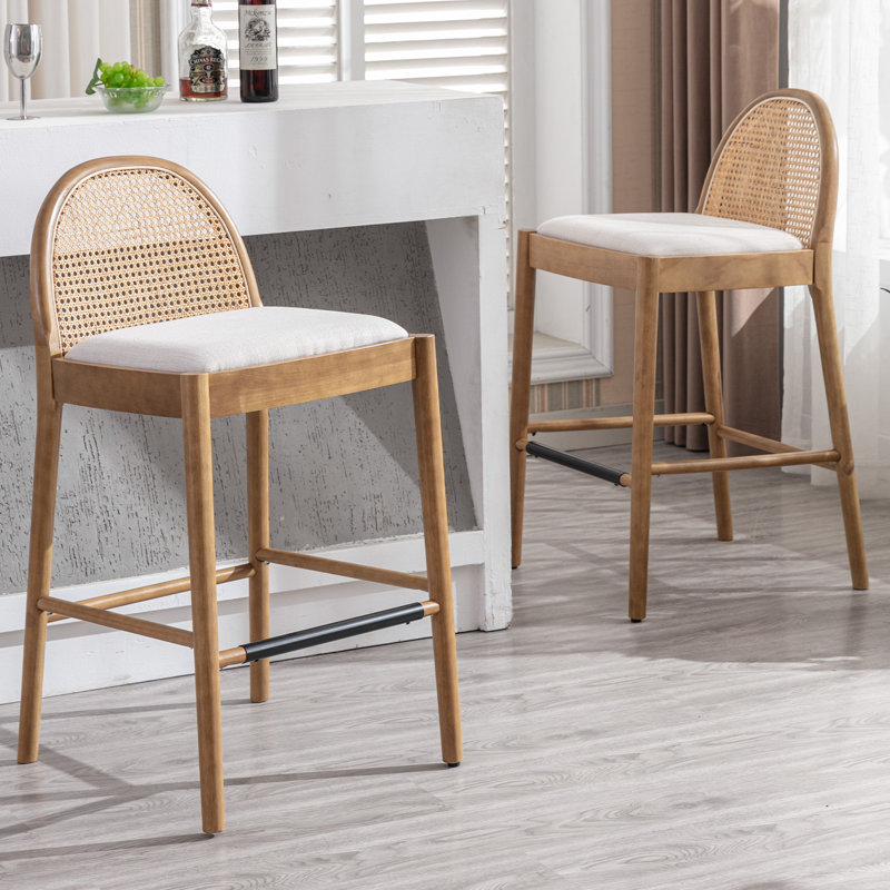 Modern Bar Stools Upholstered Counter Stools With Rattan Backrests And Wood Legs Kitchen Stools For Island, Brown/Beige