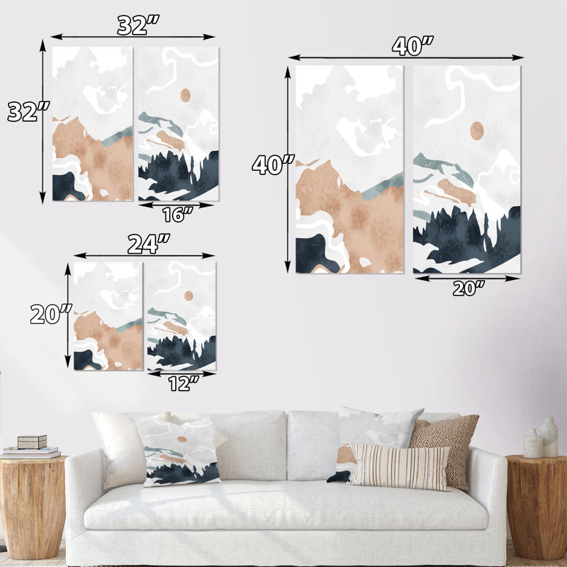 Ensemble de 2 impressions graphiques - Montagne pleine lune dans un paysage abstrait rétro II, H 20 po x l 24 po x P 1 po