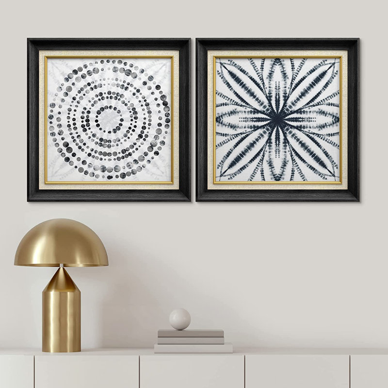 Motif géométrique abstrait aquarelle bleu - ensemble de 2 peintures sur toile encadrées, Noir