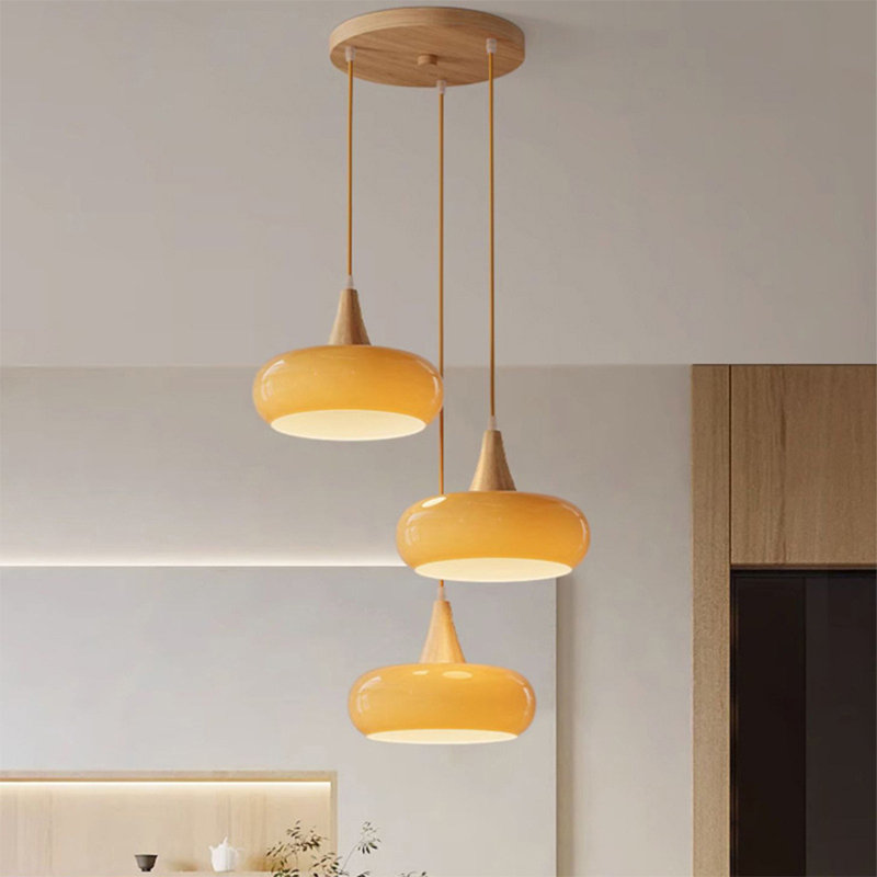 Luminaire suspendu moderne en dôme en bois avec longueur de suspension réglable et abat-jour en verre 3 lumières  , Orange