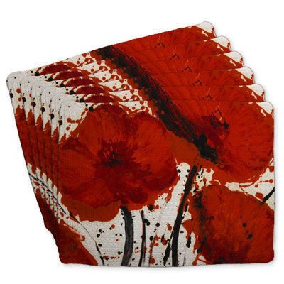 Braided Polyester Placemats | Abstract Red Flower Set of 6