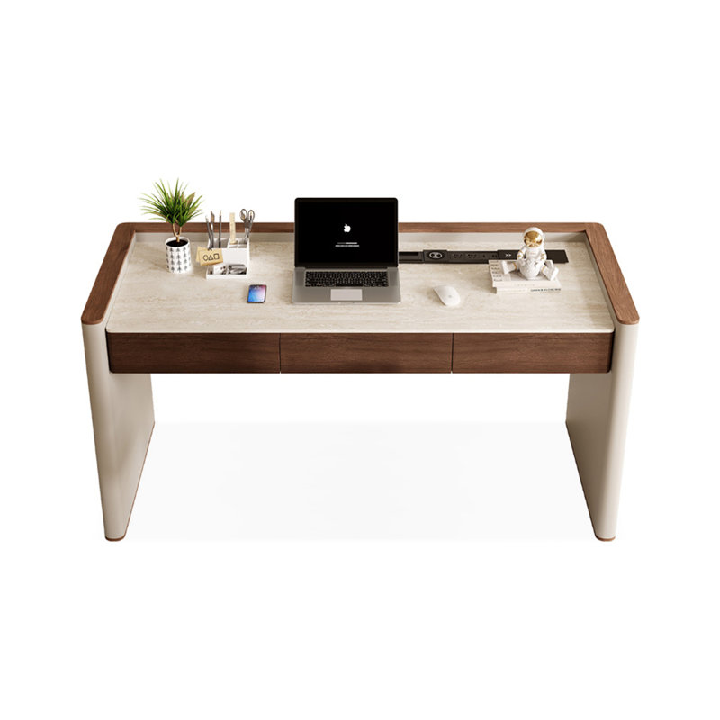 Bureau à 3 tiroirs brun noisette + pierre frittée rectangulaire blanc + bois manufacturé