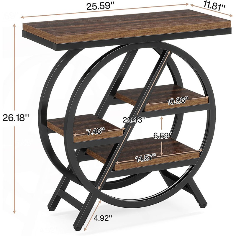 Table de bout industrielle étroite avec tablettes de rangement à 3 niveaux, table de boissons, Brun rustique