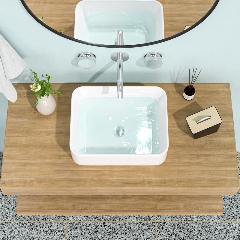 19"X15" White Ceramic Rectangular Vessel Bathroom Sink, White