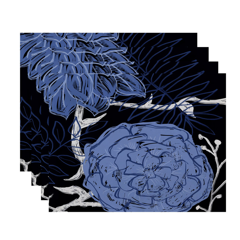 Ensemble de napperon de fleurs et de frondes de 4 pièces Marshallville, Bleu marine / bleu