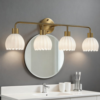 Brushed Gold 4-Light Bathroom Vanity Light Fixture, Wall Sconce With Milk White Floral Glass Shades For Over Mirror Lighting, E26 Base (Bulbs Not Included)