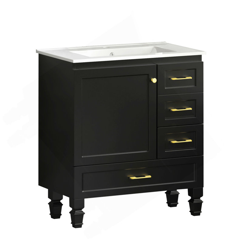 Meuble-lavabo noir 30 po. Armoire de rangement abondante - 1 porte à fermeture douce et 3 tiroirs, Noir