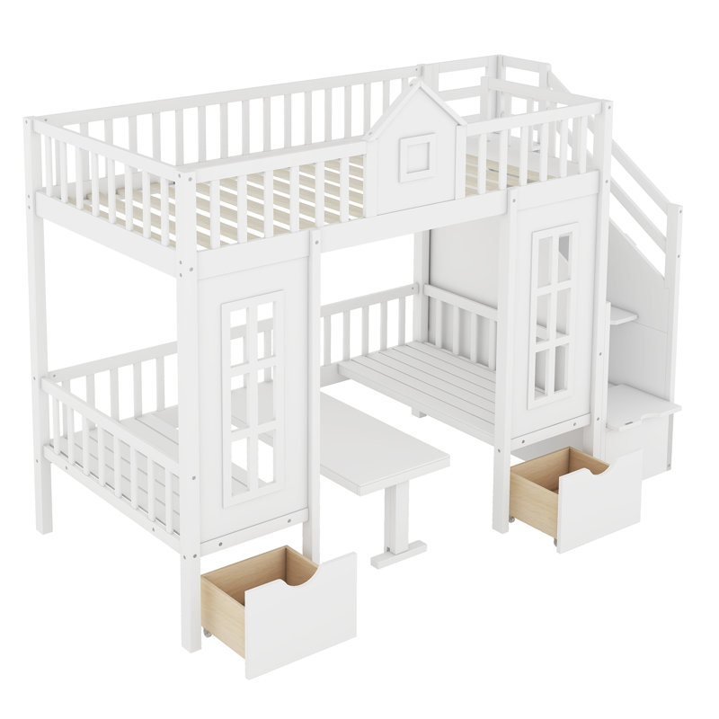 Lit superposé simple au dessus d'un lit simple avec table à langer, lit superposé se transformant en lit supérieur et bureau en duvet - Blanc
