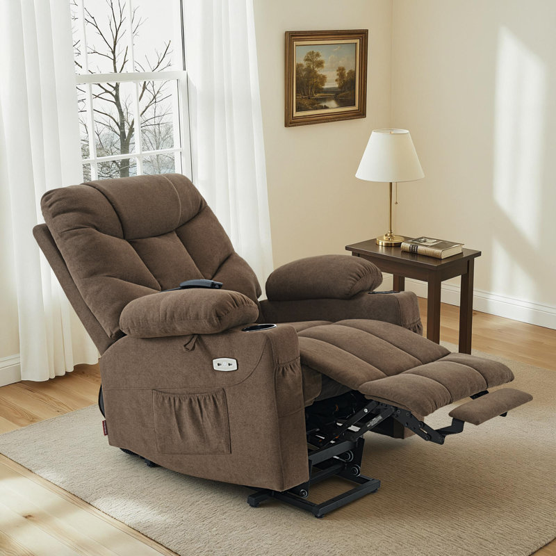 Power Recliner Lift Chair with Extended Footrest with USB & Type-C Charging, Fabric, Brown