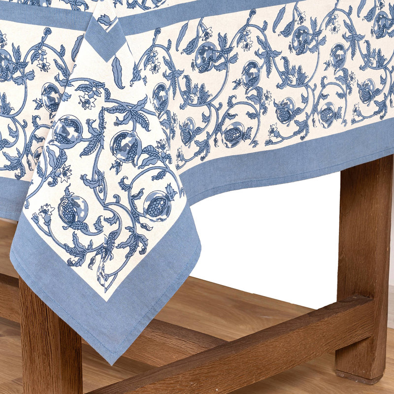 Granada Cornflower Blue Handmade Floral Tablecloth, 90" Square, Blue