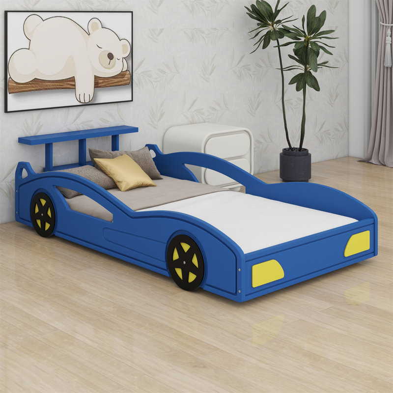 Lit plateforme en forme de voiture, Bleu/jaune