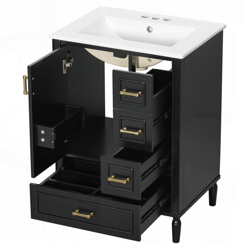 Meuble-lavabo moderne de 24 po avec lavabo en céramique, porte à fermeture douce, 3 tiroirs et rangement compact, Noir