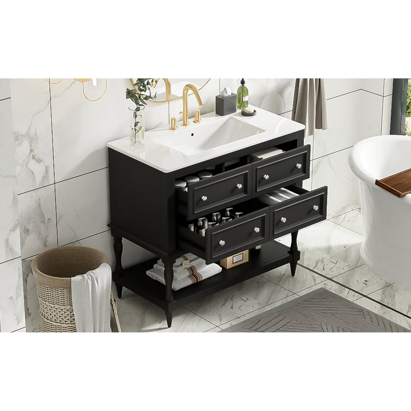 Black Bathroom Vanity With Sink 36" - Solid Wood Frame Construction. 4 Drawers. Ceramic Undermount Basin. Modern Look. Easy Assembly Required Black. Wood, Spacious Storage. Uncomplicated