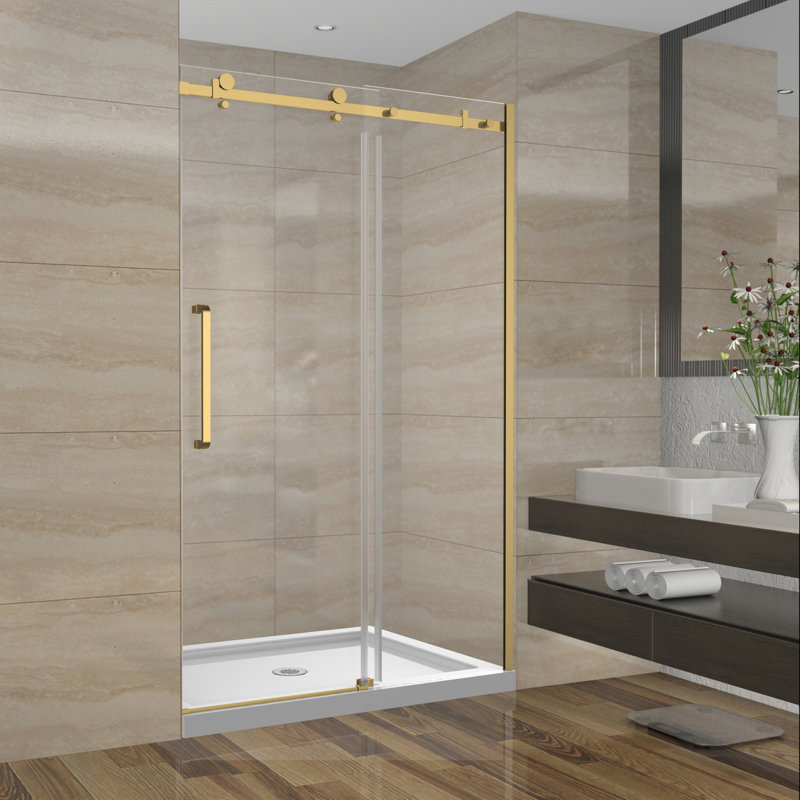 Porte de douche coulissante réversible en alcôve avec quincaillerie carrée noire l 48 po x H 75 po x 10 mm Sera, Or brossé