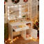 Dressing Table with Mirror and 10 Bulb Lights, Vanity Table, Makeup Vanity with 3 Shelves & 4 Open Compartments, Large Drawer & Cabinet, Adjustable Lighting Brightness -182875640