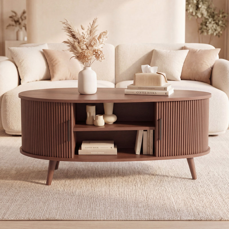 Table basse ovale de rangement Mid-Century avec portes coulissantes Tambour, Noyer