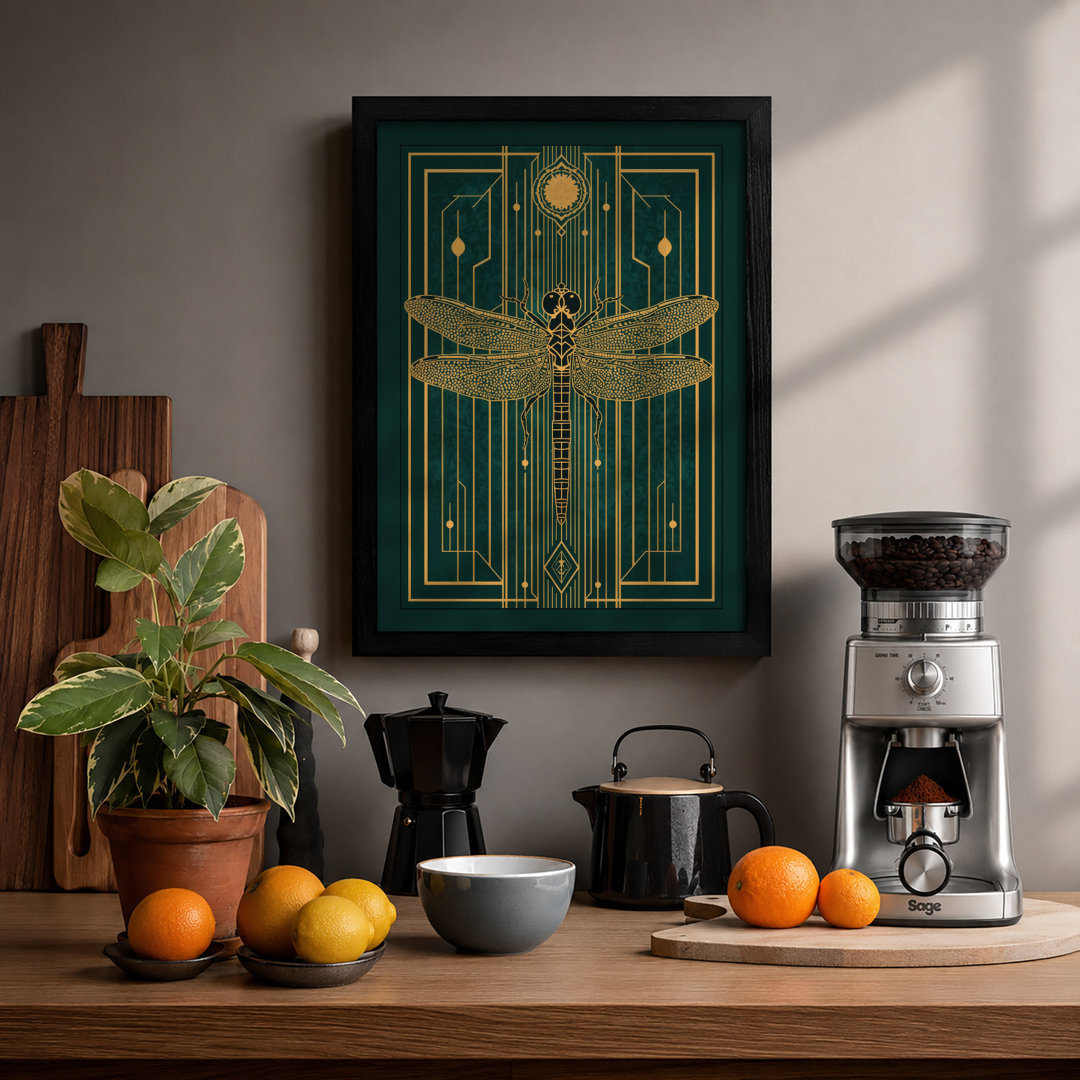 Golden Dragonfly Symmetry Art Deco - Framed Print