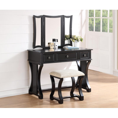 Modern Black Vanity Set for Bedroom - with Stool, Foldable Mirror, MDF Veneer