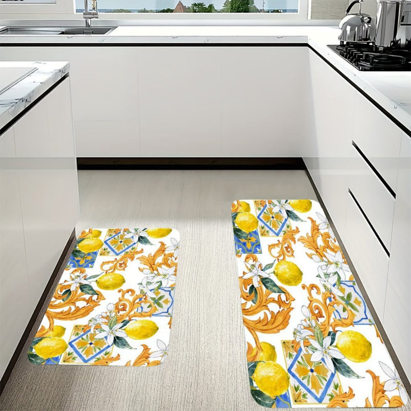 Tapis de cuisine jaune, orange, baroque et citron, 2 pièces, pour la cuisine et le vestibule