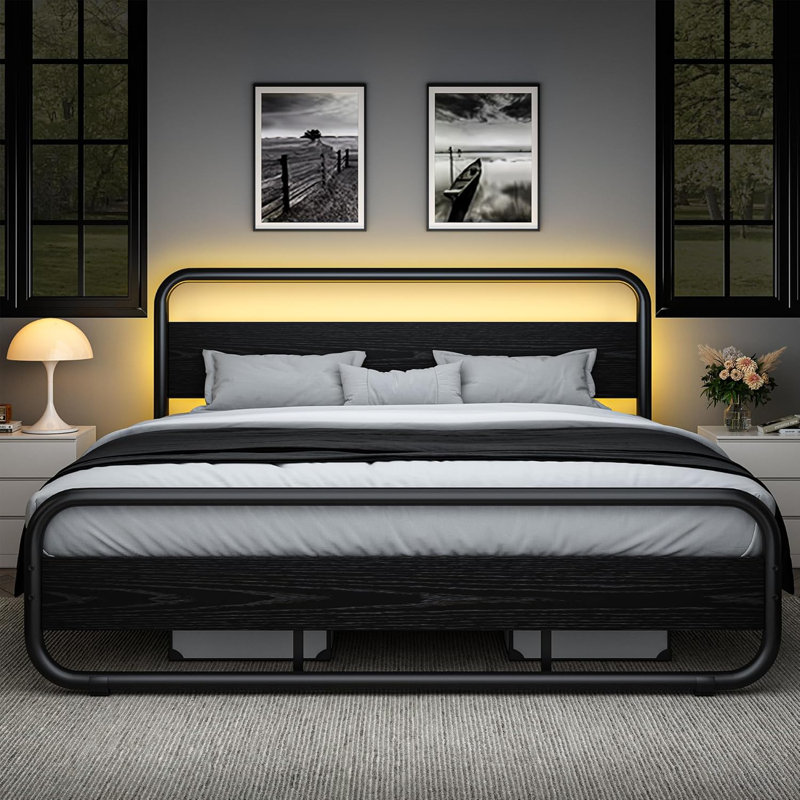 Metal  Bed Frame with LED Headboard and Footboard, Rustic Industrial Heavy Duty Wooden Platform Bed Frame with Under Bed Storage, Noise Free, No Box Spring Needed