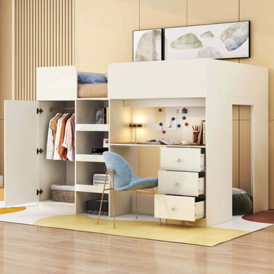 Lit mezzanine en bois pleine grandeur avec garde-robe intégrée, bureau d'étude, tablettes de rangement et tiroirs pratiques, couleur beige
