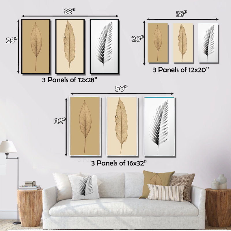 «Minimal Botanicals, feuille simple sur beige II», 3 pièces, H 32 po x l 48 po, Toile tendue