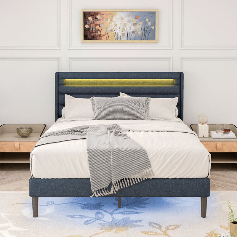 Khansaa  Bedframe with LED Bedside Induction , Wrapped Linen, Bedside Atmosphere