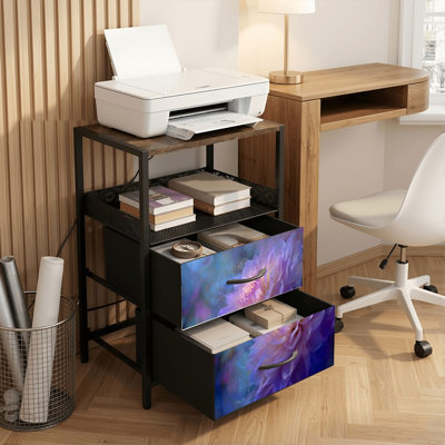 Table de chevet 2 tiroirs avec station de charge, table de chevet pour chambre à coucher avec ports USB, tablette ouverte noire, table de chevet avec imprimé de fleurs mousseuses mauves