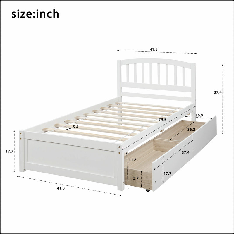 Base de lit plateforme avec deux tiroirs et tête de lit, Blanc