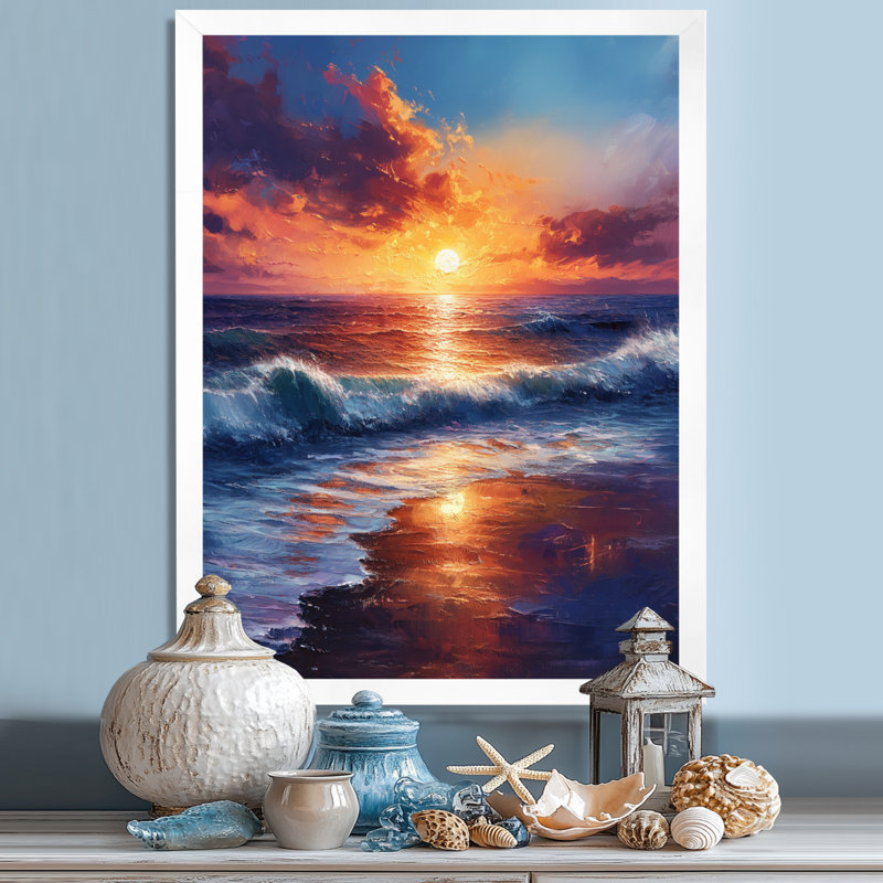 Jaune, bleu, coucher de soleil, océan, bonheur, plage, art mural, Sans cadre, métal, H 32 po x l 16 po