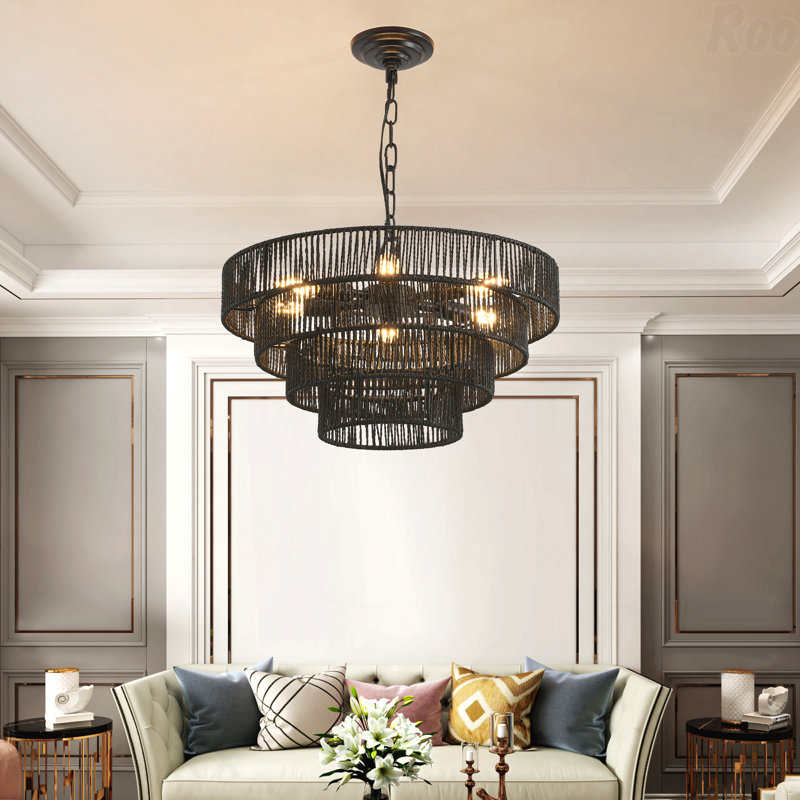 Plafonnier - lustre suspendu rustique en corde de chanvre à 4 niveaux 20 po, 6 douilles E12, luminaire bohème fait à la main