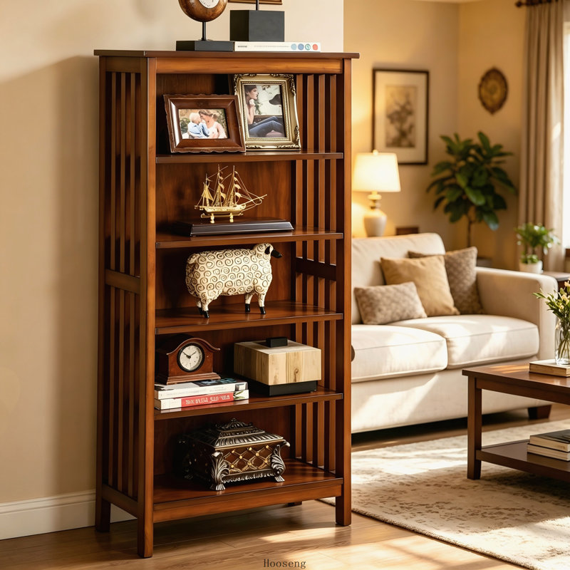 Antique Oak Finish Solid Wood Media Shelf, 5-Tier Open Storage Bookshelf