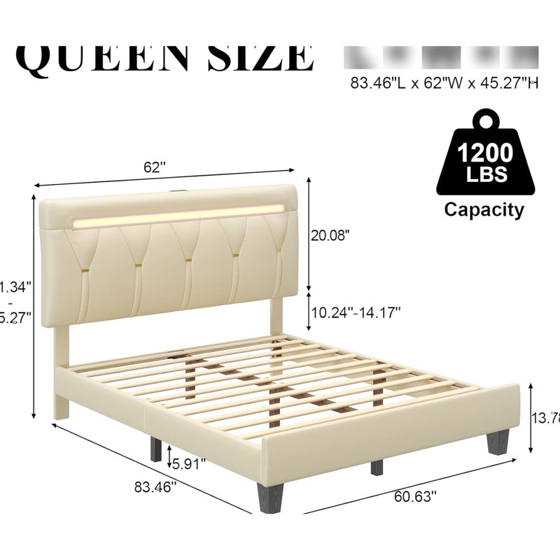 Cadre de grand lit avec lumières à DEL, haut-parleur et fonction de charge - style moderne pour la chambre à coucher, similicuir beige, support en bois de chêne, plus de 60000 couleurs personnalisables, modes d'éclairage à luminosité réglable,