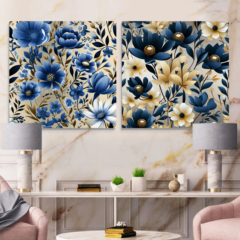 Motif floral scandinave bleu - ensemble de 2 peintures murales en acrylique, H 16 po x l 33 po