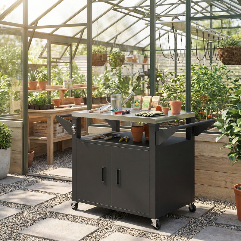 Chariot-grill avec armoire de rangement, support de four à pizza à 3 tablettes, noir