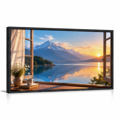 Tableau sur toile représentant une vue de fleurs blanches et de montagnes enneigées au coucher du soleil