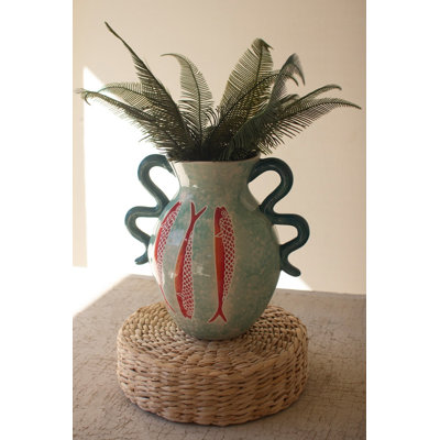 Kalalou Colorful Ceramic Fish Vase – Blue Squiggle Handle Design – 11" Tall