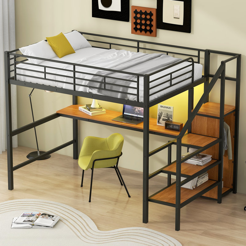  Lit mezzanine double en métal avec bureau, escalier de rangement et garde-robe compacte, noir, Noir