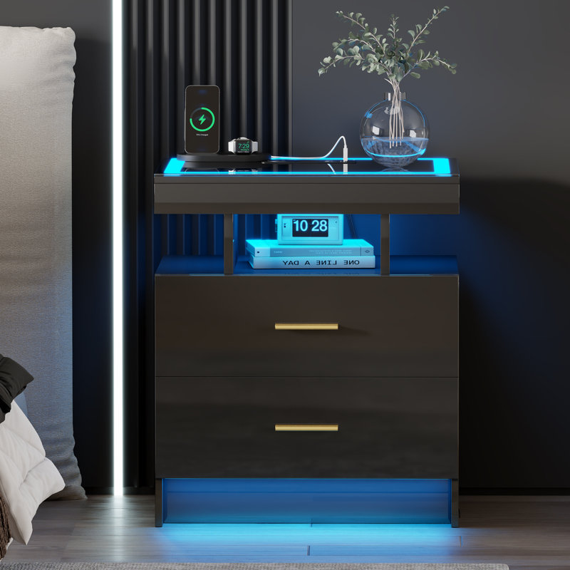 Motion Sensor RGB Light Bedside Table with Tempered Glass Top and Wireless Charging Station, Black