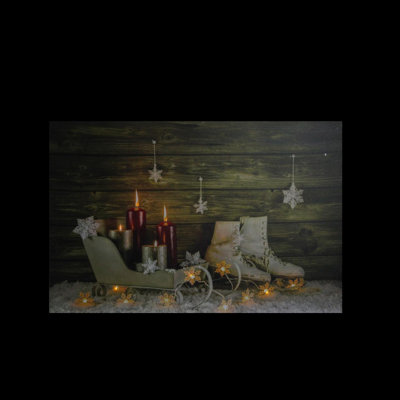 Small LED Lighted Candles Ice Skates and Sleigh Christmas Canvas Wall Art 12" x 15.75"