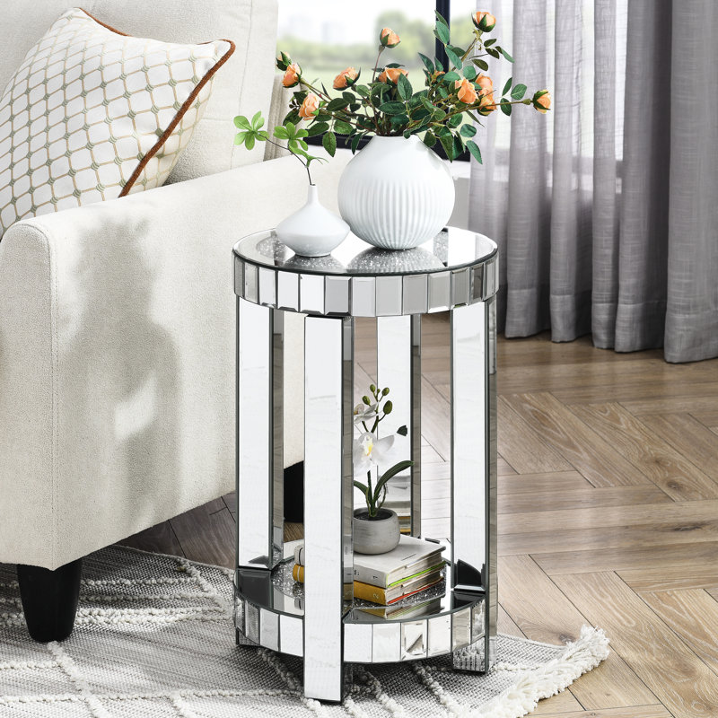 Table ronde à miroir 2 couches en argent - incrustation de cristal pour le salon, la chambre à coucher, le rangement décoratif moderne, la décoration de chambre