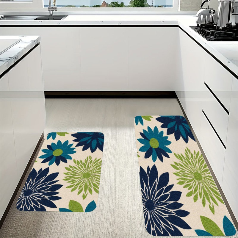 Bold Floral, 2 Pcs Non Slip Kitchen Mats, Green Floral