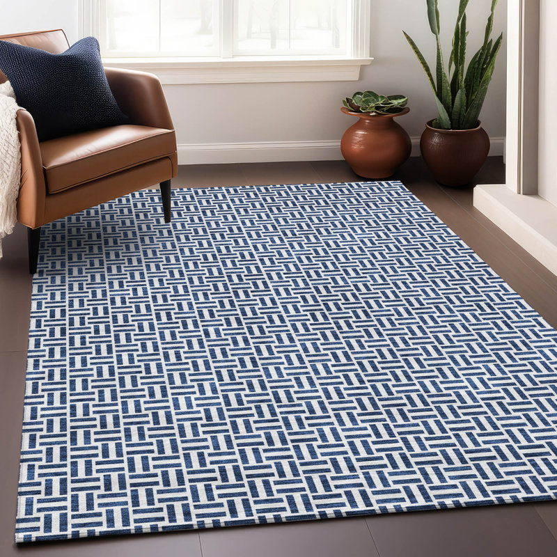Tapis bleu marine de qualité supérieure lavable à la machine Prisco, Rectangle 10 pi x 14 pi