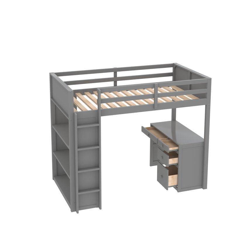 Ahran Kids Loft Bed with Drawers, Gray, Twin over Twin